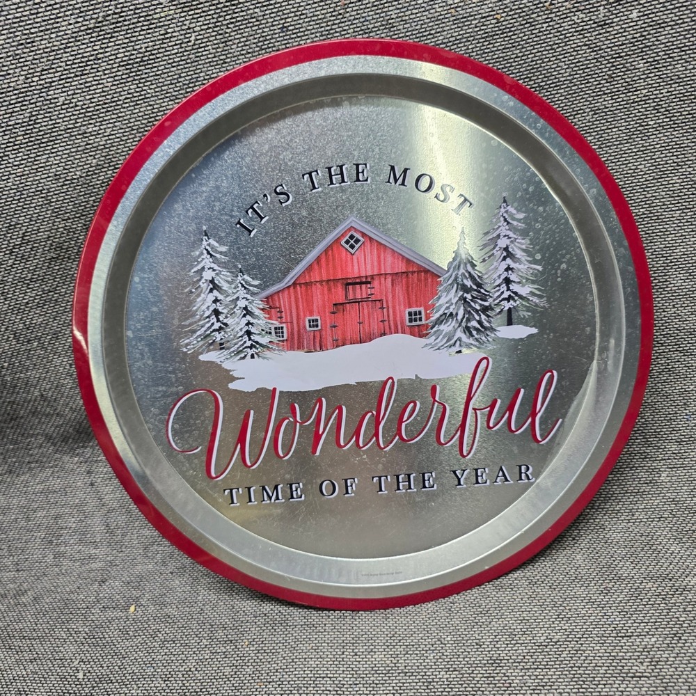 Brother Sister Design Studio Christmas Tin Tray Red Barn 12.6in Silver Good 2021